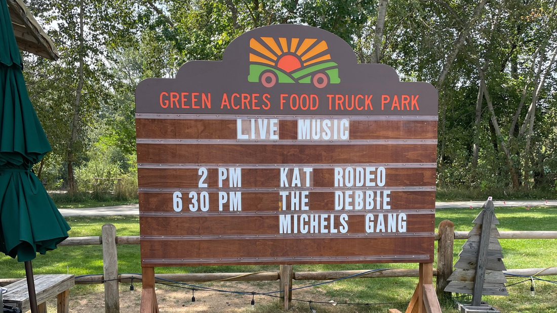 Custom marquee board for Green Acres food truck park in downtown Boise, Idaho.